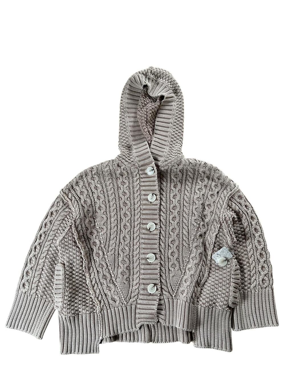 Coatigan Womens XS Beige Hooded Cable Knit Button Cotton Short Casual Pullover